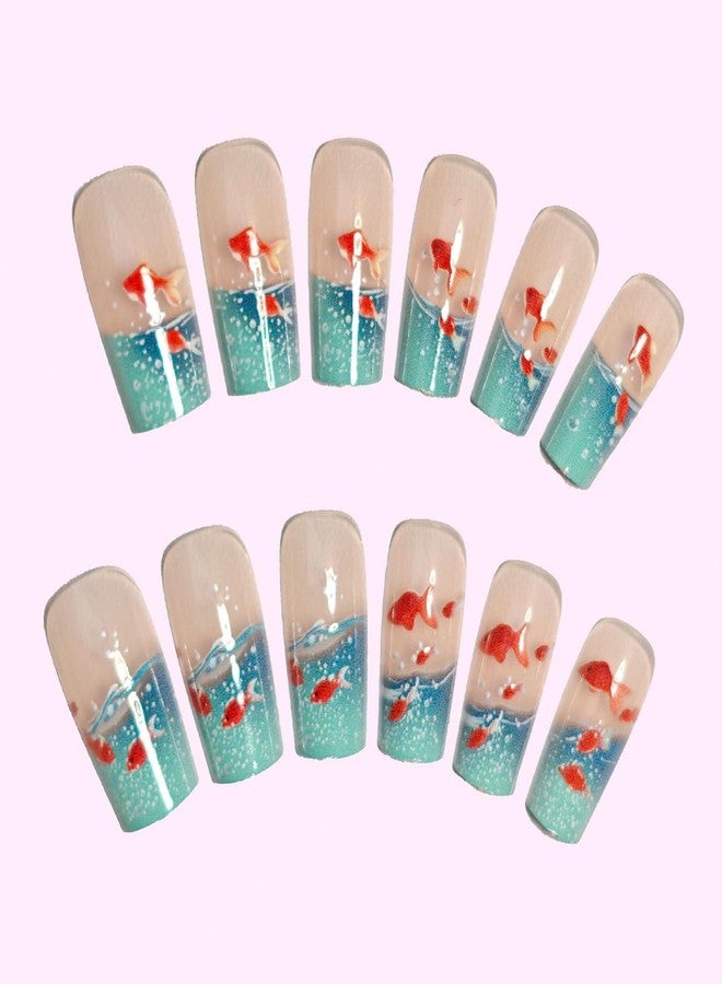 GRITOSE 24Pcs Long Square Press on Nails Thick Fake Nails Blue French Tip False Nails with Goldfish Pattern Design Artificial Acrylic Nails Press ons Reusable Coffin Nail Holiday Glue on Nail for Women - Image 4